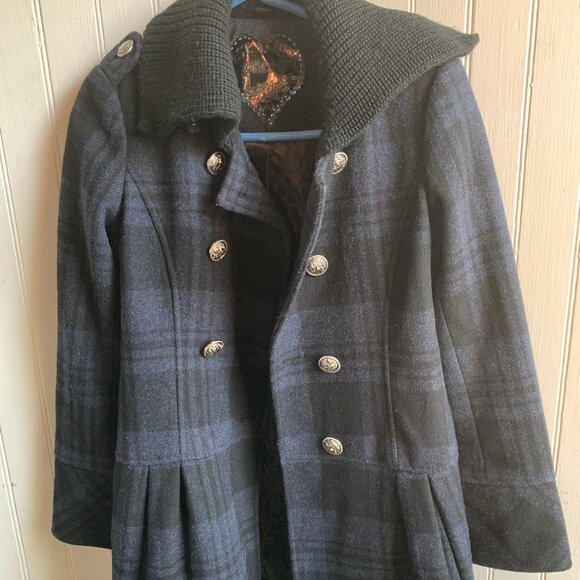 Guess Women's Blue Black Plaid Double Breast Wool Pea Coat Knit Collar Military - Picture 3 of 16